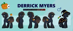 Size: 2048x878 | Tagged: safe, artist:nathegar, derpibooru import, oc, oc:derrick myers, unofficial characters only, pony, unicorn, accessories, cape, clothes, cutie mark, hat, horn, image, jpeg, magician outfit, male, reference sheet, solo, stallion, unicorn oc, witch hat