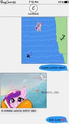 Size: 1140x2048 | Tagged: safe, artist:jarco_082, derpibooru import, princess cadance, alicorn, pony, accident, image, implied shining armor, jpeg, meme, message, ocean, plane, ponified meme, selfie, spanish, water