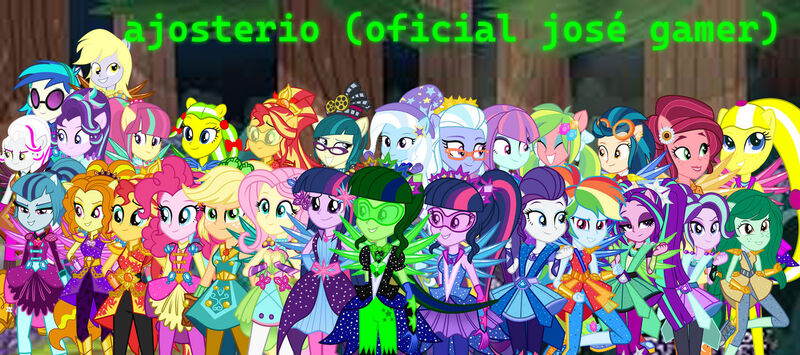 Size: 1280x568 | Tagged: safe, artist:ajosterio, derpibooru import, adagio dazzle, applejack, aria blaze, derpy hooves, fluttershy, indigo zap, lemon zest, pinkie pie, rainbow dash, rarity, sci-twi, sonata dusk, sour sweet, starlight glimmer, sugarcoat, sunny flare, sunset shimmer, trixie, twilight sparkle, vinyl scratch, wallflower blush, oc, equestria girls, crystal guardian, humane five, humane seven, humane six, image, jpeg, ponied up, self paradox, shadow five, the dazzlings, twolight