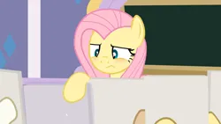 Size: 1280x720 | Tagged: safe, artist:agrol, derpibooru import, fluttershy, pegasus, pony, art class, chalkboard, fluttershy is not amused, friendship student, image, png, school of friendship, the element of kindness, this will end in detention, unamused