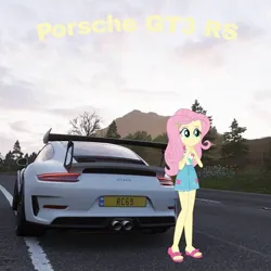 Size: 1080x1080 | Tagged: safe, derpibooru import, edit, editor:scitwisparkle42, fluttershy, human, equestria girls, car, forza horizon 4, game screencap, image, jpeg, porsche, porsche gt3 rs, solo, supercar, video game