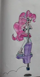 Size: 647x1235 | Tagged: safe, artist:goldheart1, derpibooru import, pinkie pie, human, equestria girls, bouncing, clothes, female, headband, image, jpeg, open mouth, open smile, pogo stick, shadow, skirt, smiling, solo, traditional art