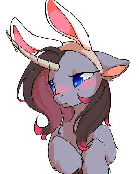 Size: 1638x2048 | Tagged: safe, artist:malt cat, derpibooru import, oleander (tfh), pony, unicorn, them's fightin' herds, awwleander, blushing, bunny ears, community related, cute, embarrassed, female, image, jpeg, looking away, simple background, solo, unshorn fetlocks, white background