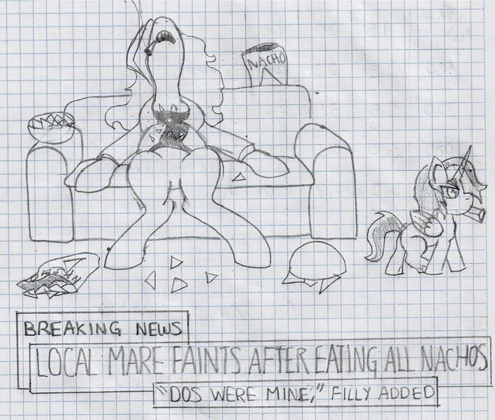 Size: 1280x1085 | Tagged: safe, artist:peel_a_na, derpibooru import, oc, oc:dyx, oc:dyxkrieg, unofficial characters only, alicorn, pony, chips, cigarette, couch, duo, female, filly, foal, food, graph paper, grayscale, image, jpeg, magical lesbian spawn, mare, monochrome, mother and child, mother and daughter, nachos, offspring, parent:oc:dyx, parent:oc:luftkrieg, parents:oc x oc, pencil drawing, sharp teeth, smoking, teeth, traditional art