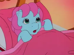 Size: 960x720 | Tagged: safe, derpibooru import, screencap, baby cuddles, earth pony, pony, my little pony 'n friends, the ghost of paradise estate, baby, baby pony, bed, female, filly, foal, g1, image, png, solo