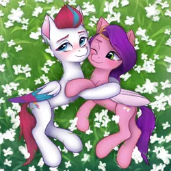 Size: 2750x2750 | Tagged: safe, artist:omnanya, artist:omny_dt, derpibooru import, pipp petals, zipp storm, pegasus, pony, adorapipp, adorazipp, blushing, butt, colored wings, cute, duo, duo female, eyebrows, eyebrows visible through hair, female, flower, folded wings, g5, grass, grass field, high res, hug, image, lying down, mare, multicolored wings, one eye closed, plot, png, royal sisters (g5), siblings, side, sisters, smiling, wings