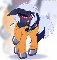 Size: 1937x2048 | Tagged: safe, artist:darkmaxxie, derpibooru import, oc, oc:maxie, unofficial characters only, bat pony, bat pony oc, bat wings, bound wings, chained, chains, clothes, cuffed, cuffs, image, jpeg, prison outfit, prisoner, shackles, wings, zoom layer