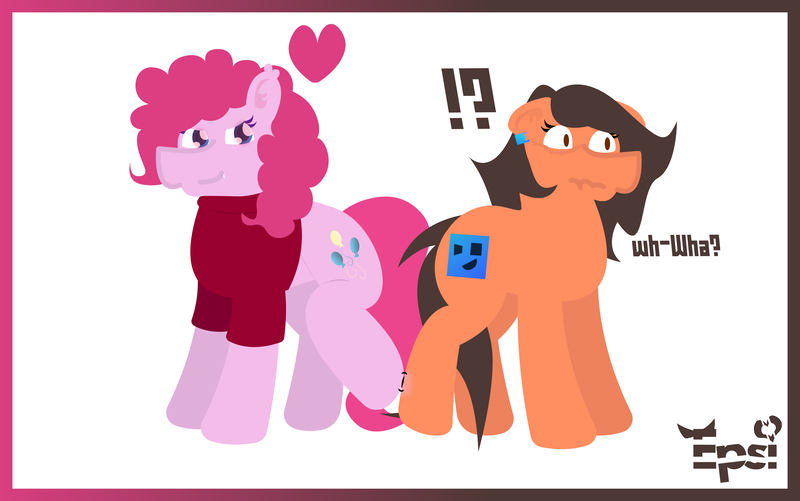 Size: 5408x3390 | Tagged: safe, artist:epsipeppower, derpibooru import, part of a set, pinkie pie, oc, oc:robertapuddin, earth pony, pony, comic:roberta the pink gump, character to character, clothes, confused, ear piercing, earring, exclamation point, floating heart, heart, image, interrobang, jewelry, nudge, outline, piercing, png, question mark, shirt, transformation, transformation sequence, twinning