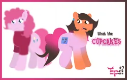 Size: 5408x3390 | Tagged: safe, artist:epsipeppower, derpibooru import, part of a set, pinkie pie, oc, oc:robertapuddin, earth pony, pony, comic:roberta the pink gump, censored, censored vulgarity, character to character, clothes, confused, dialogue, ear piercing, earring, image, jewelry, outline, piercing, png, shirt, shocked, transformation, transformation sequence, twinning