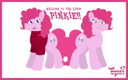 Size: 5408x3390 | Tagged: safe, artist:epsipeppower, derpibooru import, part of a set, pinkie pie, oc, oc:robertapuddin, earth pony, pony, comic:roberta the pink gump, character to character, clothes, confused, dialogue, duality, ear piercing, earring, image, jewelry, outline, piercing, png, self paradox, self ponidox, shirt, shocked, transformation, transformation sequence, transformed, twinning