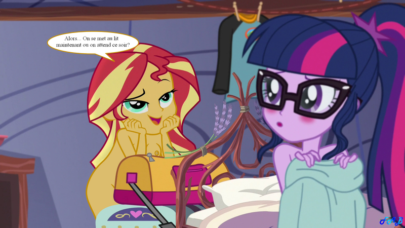Size: 1877x1056 | Tagged: questionable, artist:fab3716, derpibooru import, edit, edited screencap, screencap, sci-twi, sunset shimmer, twilight sparkle, human, equestria girls, legend of everfree, breasts, dialogue, duo, duo female, female, french, image, imminent sex, jpeg, lesbian, nipples, nudity, scitwishimmer, shipping, speech bubble, sunsetsparkle