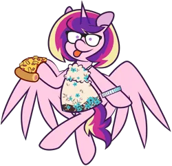Size: 7205x6952 | Tagged: safe, artist:threetwotwo32232, derpibooru import, princess cadance, alicorn, pony, clothes, dress, female, food, glasses, image, looking at you, mare, pizza, png, solo