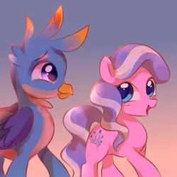 Size: 3000x3000 | Tagged: safe, artist:lanlanlc, derpibooru import, diamond tiara, gallus, earth pony, gryphon, pony, female, filly, foal, happy face, high res, image, male, missing accessory, png, smiling, sunset