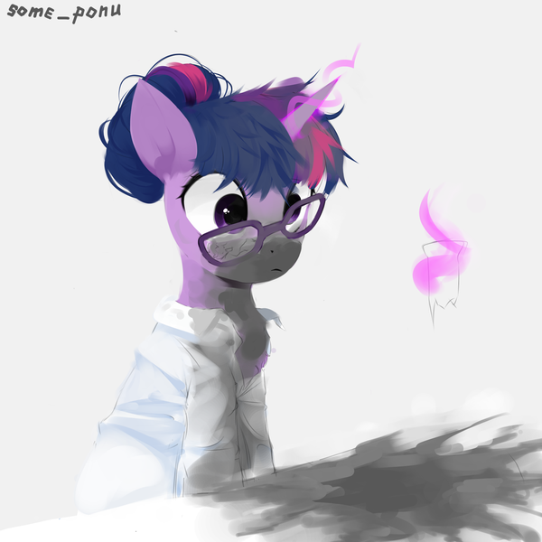 Size: 2000x2000 | Tagged: safe, artist:some_ponu, derpibooru import, sci-twi, twilight sparkle, pony, unicorn, clothes, glow, glowing horn, horn, image, lab coat, magic, magic aura, png, telekinesis