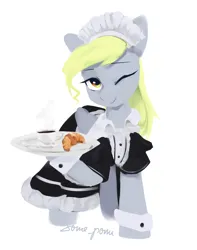 Size: 1346x1709 | Tagged: safe, artist:some_ponu, derpibooru import, derpy hooves, pony, alternate hairstyle, bread, chocolate, clothes, croissant, food, hot chocolate, image, looking at you, maid, one eye closed, png, serving tray, smiling, wink