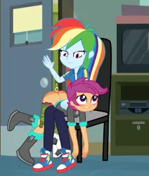 Size: 1830x2158 | Tagged: suggestive, alternate version, artist:gmaplay, derpibooru import, rainbow dash, scootaloo, equestria girls, alternate character, ass, butt, clothes, converse, disciplinary action, discipline, female, image, nudity, over the knee, png, punishment, reddened butt, scootabutt, shoes, spank mark, spanked, spanking