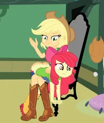 Size: 1830x2158 | Tagged: suggestive, artist:gmaplay, banned from derpibooru, deleted from derpibooru, derpibooru import, apple bloom, applejack, equestria girls, applejack is a spankaholic, applejack is not amused, ass, bloom butt, butt, clothes, discipline, female, image, nudity, over the knee, png, reddened butt, solo, spank mark, spanked, spanking, unamused