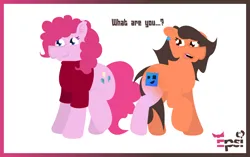 Size: 5408x3391 | Tagged: safe, artist:epsipeppower, derpibooru import, part of a set, pinkie pie, oc, oc:robertapuddin, earth pony, pony, comic:roberta the pink gump, character to character, clothes, confused, dialogue, ear piercing, earring, image, jewelry, outline, piercing, png, shirt, transformation, transformation sequence, twinning