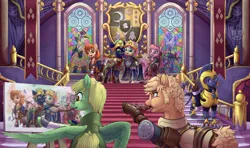 Size: 1920x1134 | Tagged: safe, artist:calena, derpibooru import, fluttershy, oc, oc:jesus, alicorn, gryphon, pegasus, pony, unicorn, armor, banner, canterlot castle, canvas, clothes, commission, crossover, crossover shipping, crown, cute, eating, emblem, fire emblem, fire emblem: three houses, gold, grin, image, inception, jewelry, nervous, nervous grin, paintbrush, painting, painting characters, png, regalia, royal guard, shield, shipping, signature, smiling, stairs, sword, weapon, window
