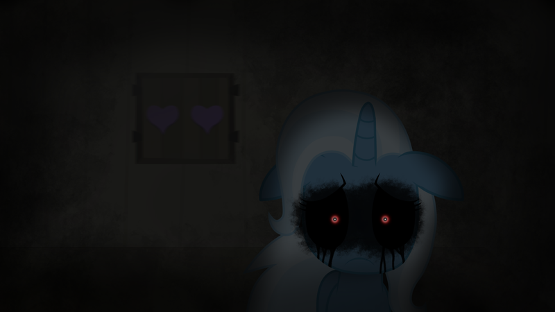 Size: 1920x1080 | Tagged: semi-grimdark, artist:horses are fuckin weird, derpibooru import, trixie, pony, unicorn, creepypasta, crying, female, floppy ears, image, looking at you, mare, png, red eyes take warning, red mist, redraw, sad, spongebob squarepants, squidward's suicide, stare, staring into your soul, the sad and depresive trixie, trixie's wagon, wagon
