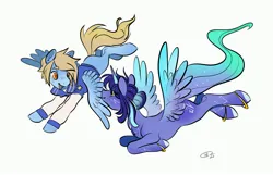 Size: 3779x2435 | Tagged: safe, artist:opalacorn, derpibooru import, oc, oc:asteria, oc:blue skies, pegasus, pony, unicorn, artificial wings, augmented, female, flying, image, jpeg, magic, magic wings, male, mare, oc x oc, shipping, simple background, stallion, straight, white background, wings