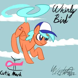 Size: 1000x1000 | Tagged: safe, artist:volticomics, derpibooru import, oc, oc:whirly bird, unofficial characters only, pegasus, pony, cap, flying, hat, helicopter, image, png, solo, tail, tailcopter