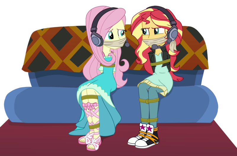 Size: 3036x2000 | Tagged: safe, artist:splendidbondage, derpibooru import, fluttershy, sunset shimmer, equestria girls, equestria girls series, game stream, spoiler:eqg series (season 2), femsub, fluttersub, gag, headphones, image, png, submissive, subset, tied up