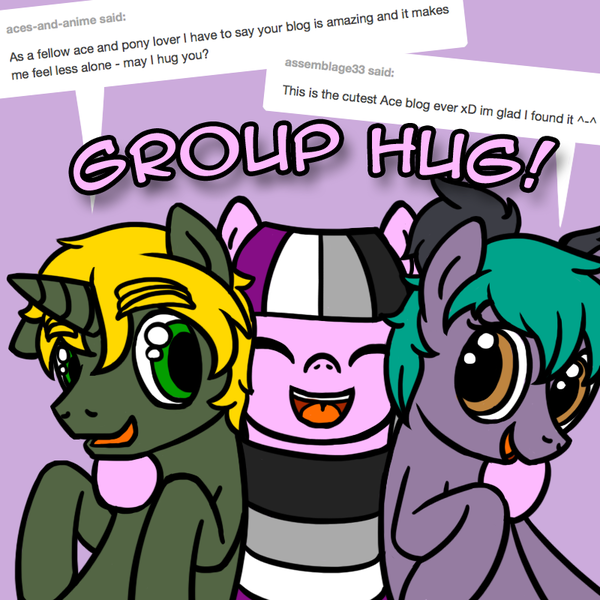 Size: 800x800 | Tagged: safe, artist:thedragenda, derpibooru import, oc, oc:ace, unofficial characters only, earth pony, pony, unicorn, ask-acepony, female, group hug, hug, image, male, mare, png, stallion