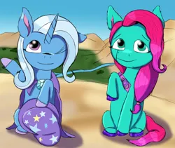 Size: 1900x1600 | Tagged: safe, artist:the crystal artist, derpibooru import, trixie, earth pony, pony, unicorn, cape, clothes, cute, diatrixes, duo, duo female, female, g5, hat, hoof polish, image, jazz hooves, jazzibetes, looking at you, mare, mountain, mountain range, one eye closed, png, raised hoof, river, scenery, shading, sitting, smiling, smiling at you, trixie's cape, trixie's hat, unshorn fetlocks, valley, water, wink, winking at you