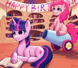 Size: 2330x2048 | Tagged: safe, artist:xiaowu07, derpibooru import, pinkie pie, surprise, twilight sparkle, earth pony, pony, unicorn, book, cute, female, g4, golden oaks library, image, lesbian, library, lying down, party cannon, png, shipping, twinkie, unicorn twilight
