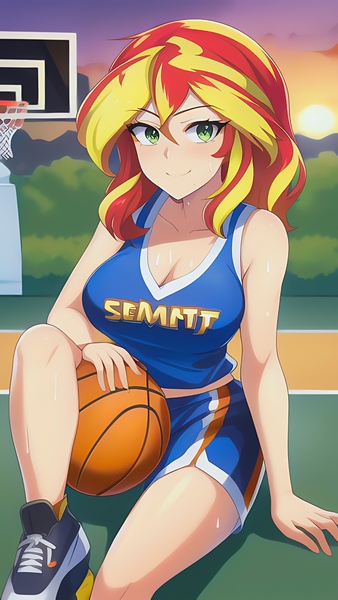 Size: 864x1536 | Tagged: safe, derpibooru import, editor:sammykun, machine learning generated, novelai, stable diffusion, sunset shimmer, equestria girls, ascended/redeemed villainess, ball, basketball, basketball shorts, breasts, busty sunset shimmer, cleavage, clothes, crouching, female, green eyes, happy, human coloration, image, incorrect eye color, jpeg, light skin, looking at you, multicolored bottomwear, multicolored footwear, no socks, on the floor, outdoors, prompter:sammykun, shoes, shorts, sitting, smiling, sneakers, solo, solo female, sports, sports outfit, sports shorts, sweat, tanktop, teenager, tomboy, two toned hair, two toned topwear