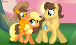 Size: 1200x720 | Tagged: safe, artist:mlplary6, derpibooru import, applejack, caramel, oc, oc:apple sweet, earth pony, pony, carajack, family, female, filly, foal, hat, image, looking at each other, looking at someone, male, mare, offspring, parent:applejack, parent:caramel, parents:carajack, png, riding, shipping, smiling, smiling at each other, stallion, straight, sunset, walking