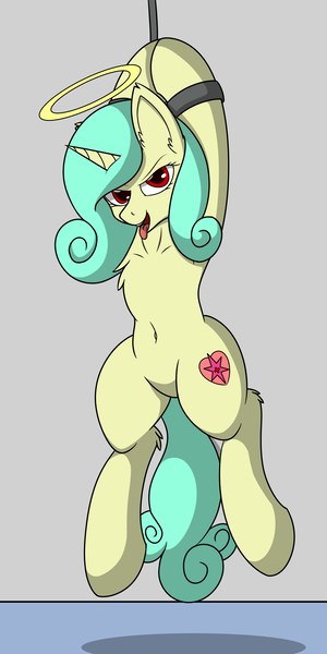 Size: 1500x3000 | Tagged: safe, alternate version, artist:lone wolf, derpibooru import, oc, oc:seven sister, unofficial characters only, hybrid, pony, unicorn, armpits, bedroom eyes, belly, belly button, bondage, chest fluff, featureless crotch, female, hanging, happy, happy bondage, hoof fluff, horn, image, looking at you, mare, png, rope, sexy, solo, suspended, suspension bondage, unicorn oc