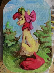 Size: 810x1080 | Tagged: safe, artist:charlot, derpibooru import, apple bloom, scootaloo, sweetie belle, earth pony, pony, apple, apple family member, cutie mark crusaders, female, filly, foal, food, image, jpeg, oil, oil painting, sitting, solo, traditional art