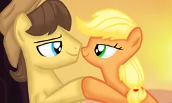 Size: 1200x720 | Tagged: safe, artist:mlplary6, derpibooru import, applejack, caramel, earth pony, pony, carajack, female, hat, holding hooves, image, looking at each other, looking at someone, male, mare, png, romantic, shipping, smiling, smiling at each other, stallion, straight, sunset