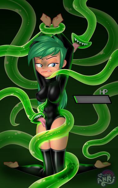 Size: 2200x3486 | Tagged: questionable, artist:emperor-anri, derpibooru import, oc, unofficial characters only, equestria girls, angry, blue eyes, bondage, disgusted, female, glow, green background, green hair, image, kneeling, latex, latex suit, licking, life bar, orange skin, png, simple background, tentacle bondage, tentacle porn, tentacles, tentacles on female, tongue out