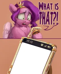 Size: 2500x3030 | Tagged: safe, artist:jewellier, derpibooru import, pipp petals, pegasus, pony, derpibooru exclusive, female, g5, hoof hold, image, mare, meme, meme template, mobile phone, phone, pinpoint eyes, pipp petals is not amused, png, reaction image, shocked, shocked expression, solo, speech, talking, template, text, unamused