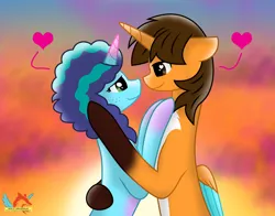 Size: 4500x3530 | Tagged: safe, artist:ejlightning007arts, derpibooru import, oc, oc:ej, alicorn, pony, unicorn, g5, my little pony: make your mark, base used, canon x oc, coat markings, ejmisty, embrace, freckles, heart, heart eyes, image, misty brightdawn, pink cloud, png, shipping, smiling, socks (coat marking), sunset, wingding eyes