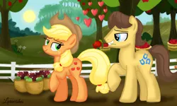 Size: 1200x720 | Tagged: safe, artist:mlplary6, derpibooru import, applejack, caramel, earth pony, pony, carajack, female, flower, heart, image, looking at each other, looking at someone, male, mare, png, rose, shipping, smiling, smiling at each other, stallion, straight