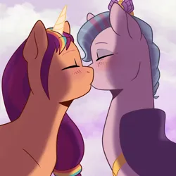 Size: 2919x2919 | Tagged: safe, artist:daisy_marshmallow, derpibooru import, queen haven, sunny starscout, alicorn, pegasus, augmented, blushing, duo, duo female, eyes closed, female, g5, horn, image, kissing, lesbian, magic, magic horn, png, shipping, simple shading, sunnyhaven