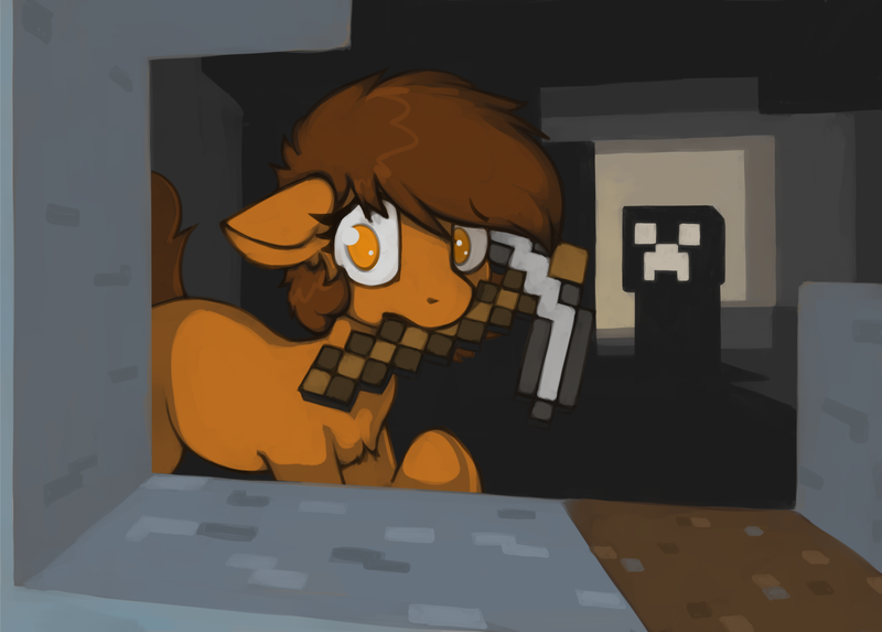 Size: 1959x1403 | Tagged: safe, artist:marsminer, derpibooru import, oc, oc:venus spring, unofficial characters only, pony, creeper, image, minecraft, mouth hold, pickaxe, png, venus spring having a bad time