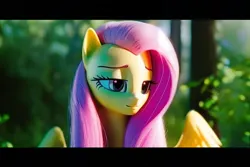 Size: 768x512 | Tagged: safe, derpibooru import, fluttershy, pegasus, pony, 3d, 3d model, blurry background, detailed hair, eyes closed, forest, forest background, green eye, green eyes, image, movie, pink hair, pink mane, png, realistic, sad, smiling, solo, television, tree, vhs