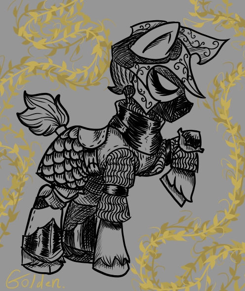 Size: 496x589 | Tagged: safe, derpibooru import, oc, earth pony, pony, armor, armored pony, chainmail, crosshatch, helmet, image, jpeg, monochrome, ponytail, saddle, scales, solo, tack, unshorn fetlocks