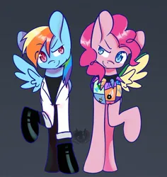 Size: 1816x1921 | Tagged: safe, artist:ghost_towne_, derpibooru import, pinkie pie, rainbow dash, earth pony, pegasus, pony, fanfic:cupcakes, fanfic:rainbow factory, clothes, cutie mark dress, dress, duo, fanfic art, female, image, jpeg, rainbow factory dash, simple background