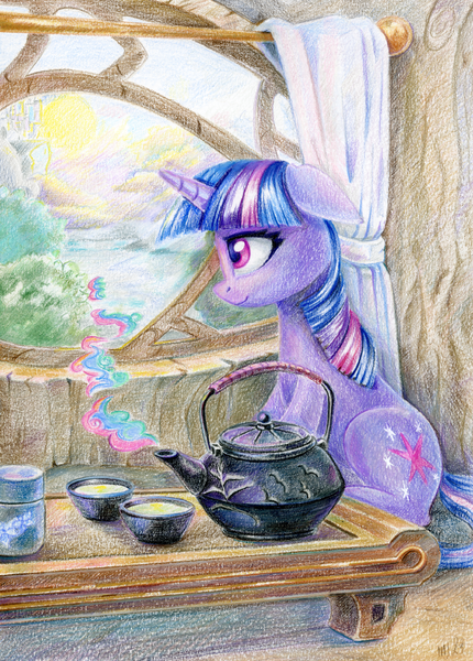 Size: 860x1200 | Tagged: safe, artist:maytee, derpibooru import, twilight sparkle, pony, unicorn, colored pencil drawing, cup, featured image, floppy ears, image, png, sitting, solo, teacup, teapot, traditional art, unicorn twilight, window