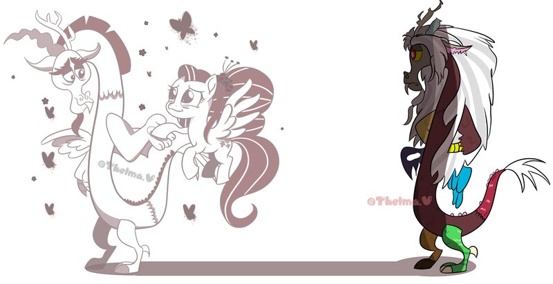 Size: 4096x2106 | Tagged: safe, artist:thelmavillagra, derpibooru import, discord, fluttershy, butterfly, insect, spoiler:g5comic, antlers, broken horn, flower, flower in hair, g4, g5, g5 to g4, generation leap, high res, holding hands, horn, image, immortality blues, jpeg, old man discord, shadow, signature, simple background, white background