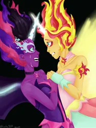 Size: 1536x2048 | Tagged: safe, alternate version, artist:cola_3107, derpibooru import, sci-twi, sunset shimmer, twilight sparkle, equestria girls, crying, daydream shimmer, duo, female, horn, horns are touching, image, jpeg, midnight sparkle