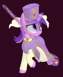 Size: 260x320 | Tagged: safe, artist:truthormare, derpibooru import, amethyst star, pony, unicorn, bishop, clothes, cosplay, costume, dress, eremiya, female, fire emblem, fire emblem: new mystery of the emblem, frown, gem, hat, healer, image, jewel, magic, magic aura, no catchlights, png, raised hoof, rod, show accurate, simple background, sinister, solo, staff