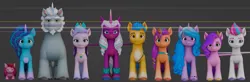 Size: 1758x578 | Tagged: safe, derpibooru import, hitch trailblazer, izzy moonbow, pipp, pipp petals, queen haven, sunny starscout, zipp storm, alicorn, armadillo, earth pony, pegasus, pony, unicorn, g5, spoiler:g5, 3d, alphabittle blossomforth, height difference, image, jpeg, lines, mane five (g5), misty brightdawn, my little pony: mane merge, needs more jpeg, opaline arcana, pipp is short, size comparison