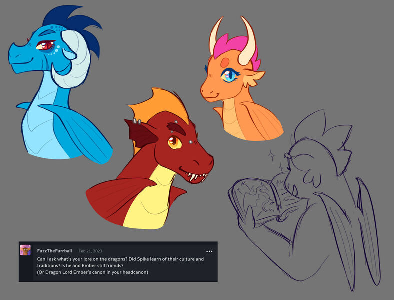 Size: 1280x974 | Tagged: safe, artist:s0ftserve, derpibooru import, garble, princess ember, smolder, spike, dragon, ask, female, gray background, headcanon in the description, image, jpeg, male, older, piercing, simple background, sketch, winged spike, wings